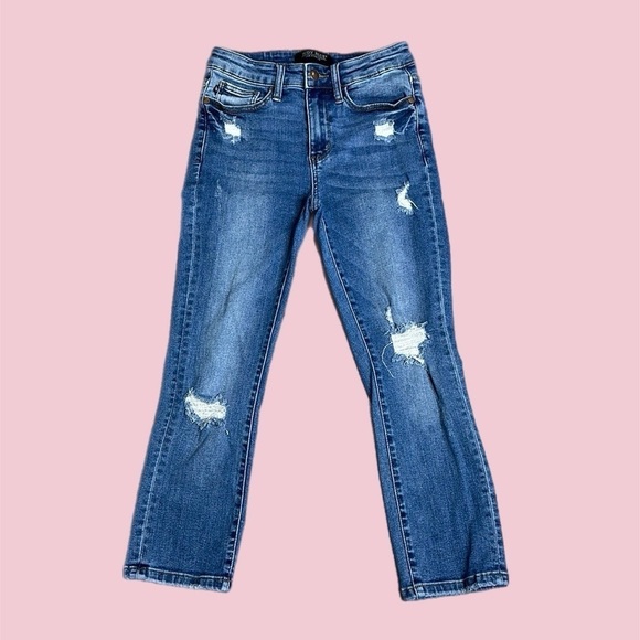 Judy Blue Distressed Mid-Rise Slim Straight Cropped Jeans Blue Sz 3/26 - Picture 1 of 12